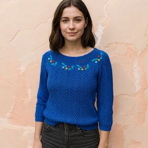 Vintage Royal Blue Floral Embroidered Knit Sweater